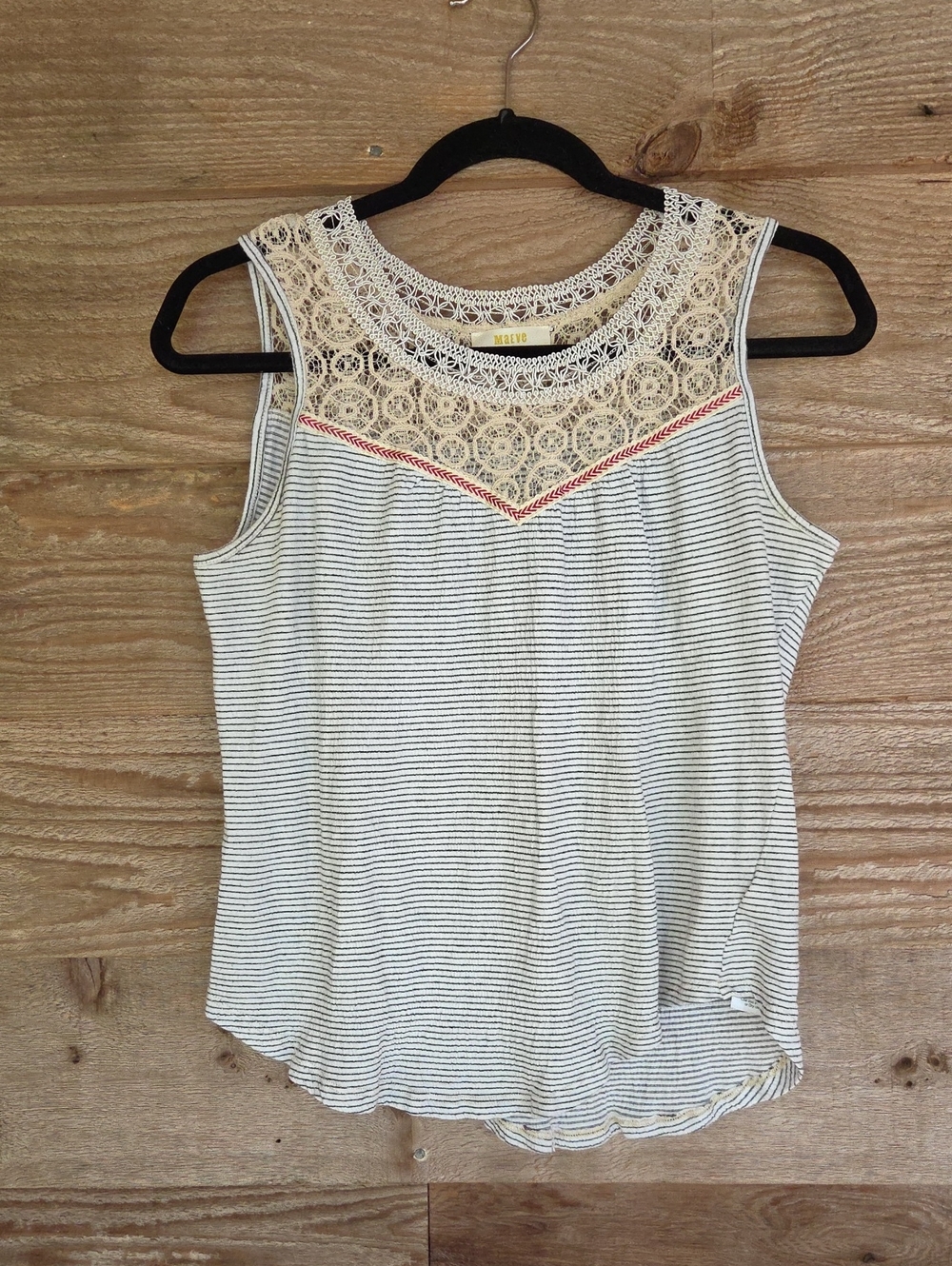 Anthropologie Size Small Cream Lace Yoke Striped Tank with Red Accent